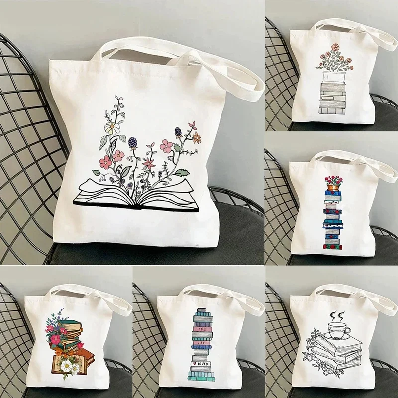 Book Lover Floral Canvas Tote Bag Cute Large Capacity Shoulder Bag for Reading Enthusiasts Perfect for Commute School