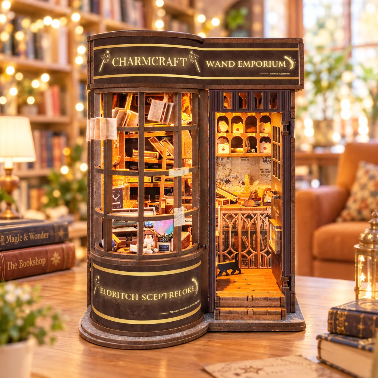 DIY Miniature Library Book Nook Kit the wizard Wand Magic Shop Bookstore Memories 3D Wooden Puzzle House with Integrated LED
