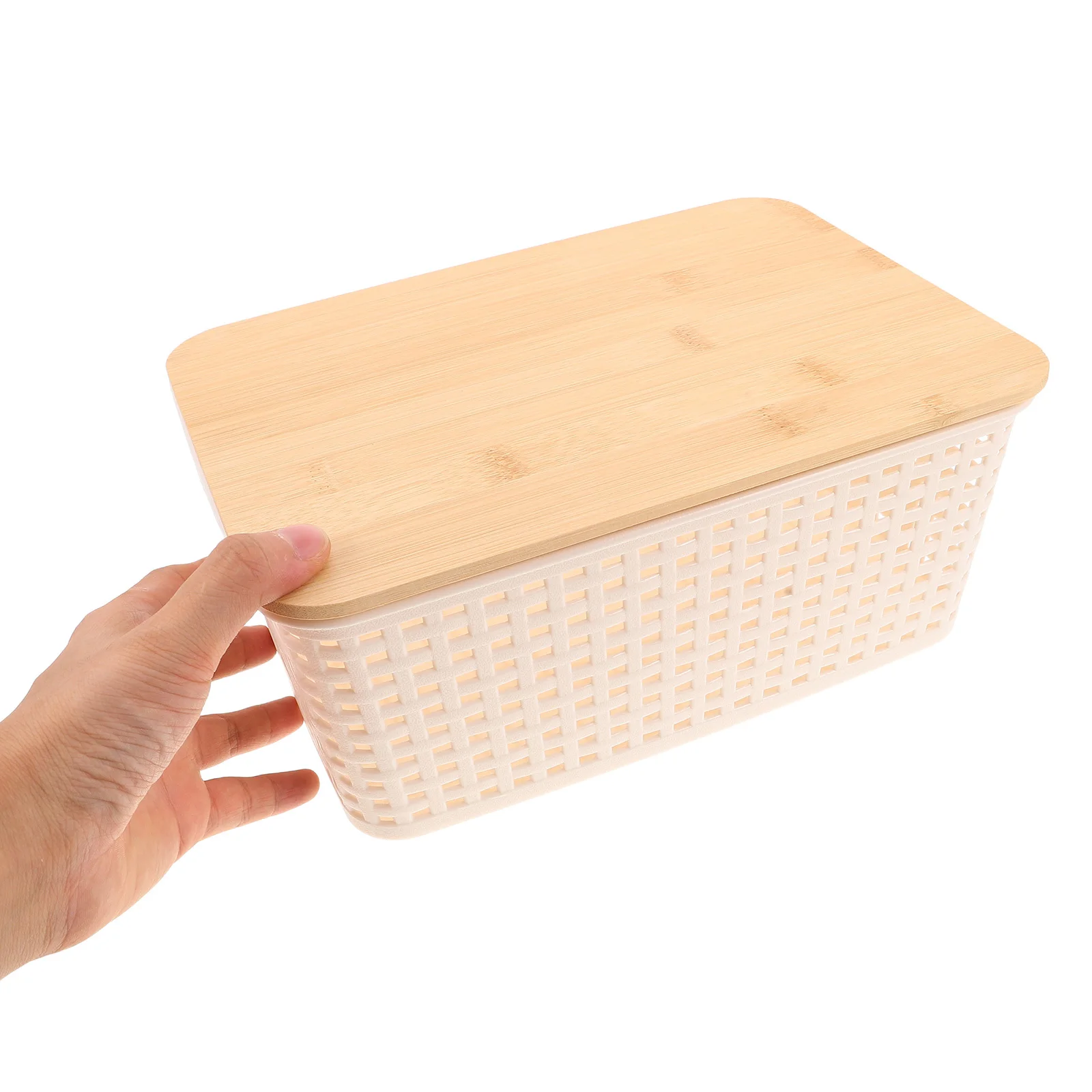 

2pcs Kitchen Counter Storage Box Rectangle Baskets With Bamboo Lid Stackable For Potato Onion Vegetable Fresh Keeper Pantry