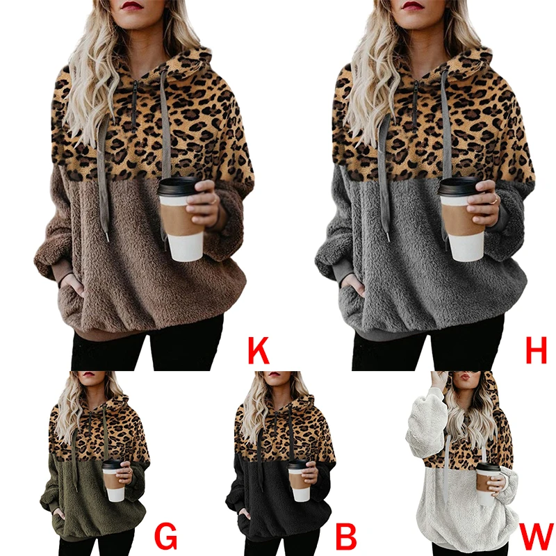 Women\'s Sweatshirt Autumn Winter American Style Leopard Montage Pocket Zipper Lint Thermal Hooded Sweatshirt