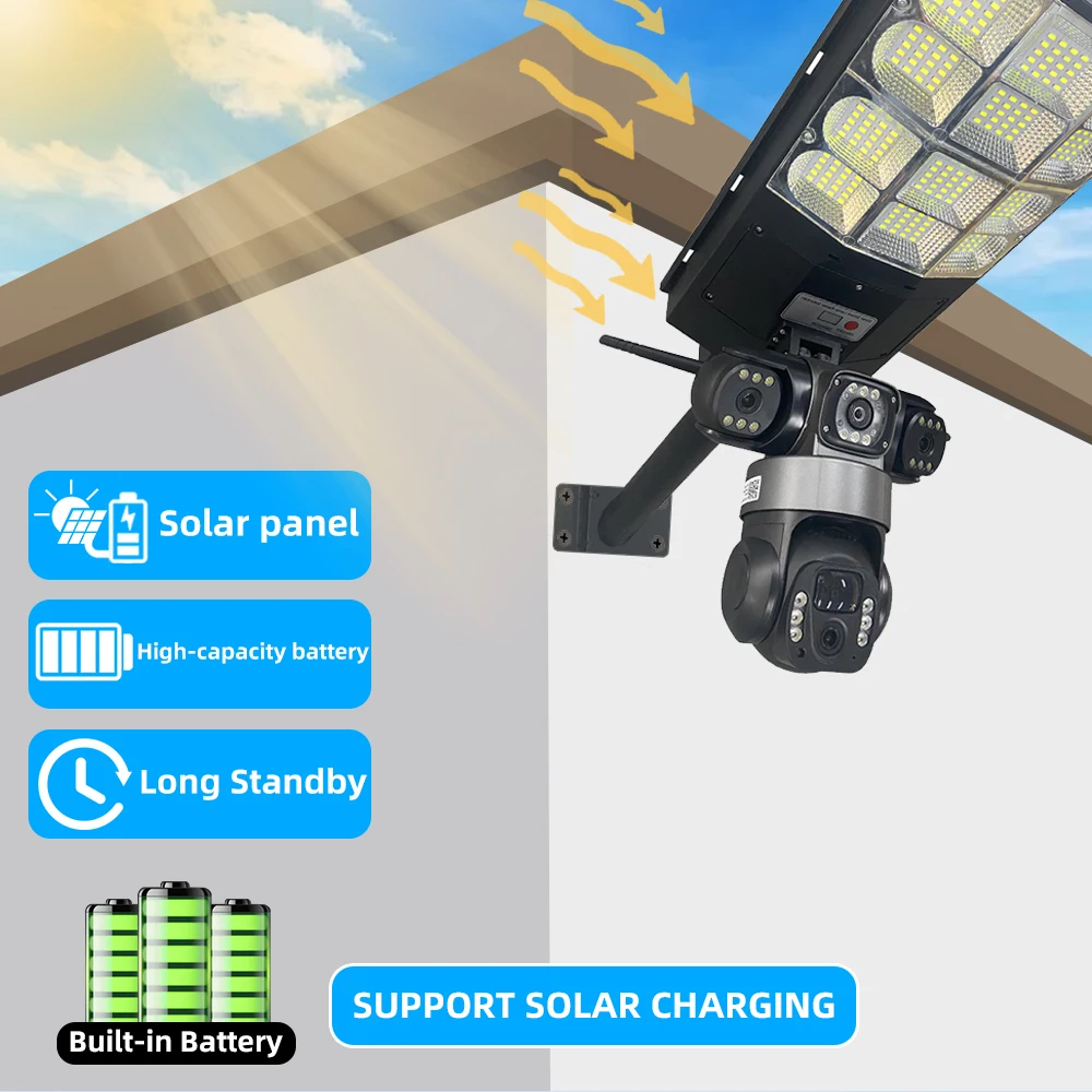 واي فاي كاميرا تعمل بالطاقة الشمسية في الهواء الطلق أضواء الشوارع 16000mAh بطارية 3 طرق الضوء مستشعر كشف الحركة التحكم عن بعد الثلاثي عدسة كاميرا IP #4