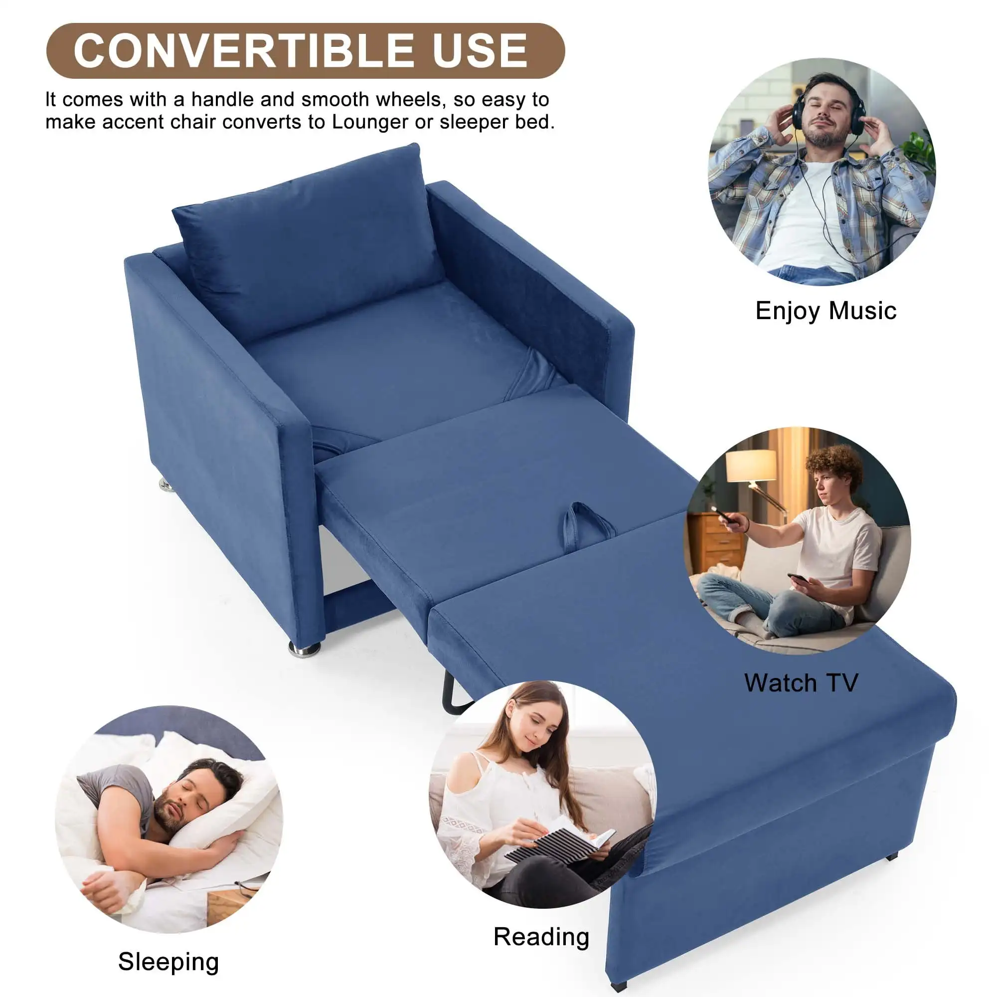 Sofá Convertible para dormir, silla tapizada con acento, sala de estar cama para, terciopelo-azul