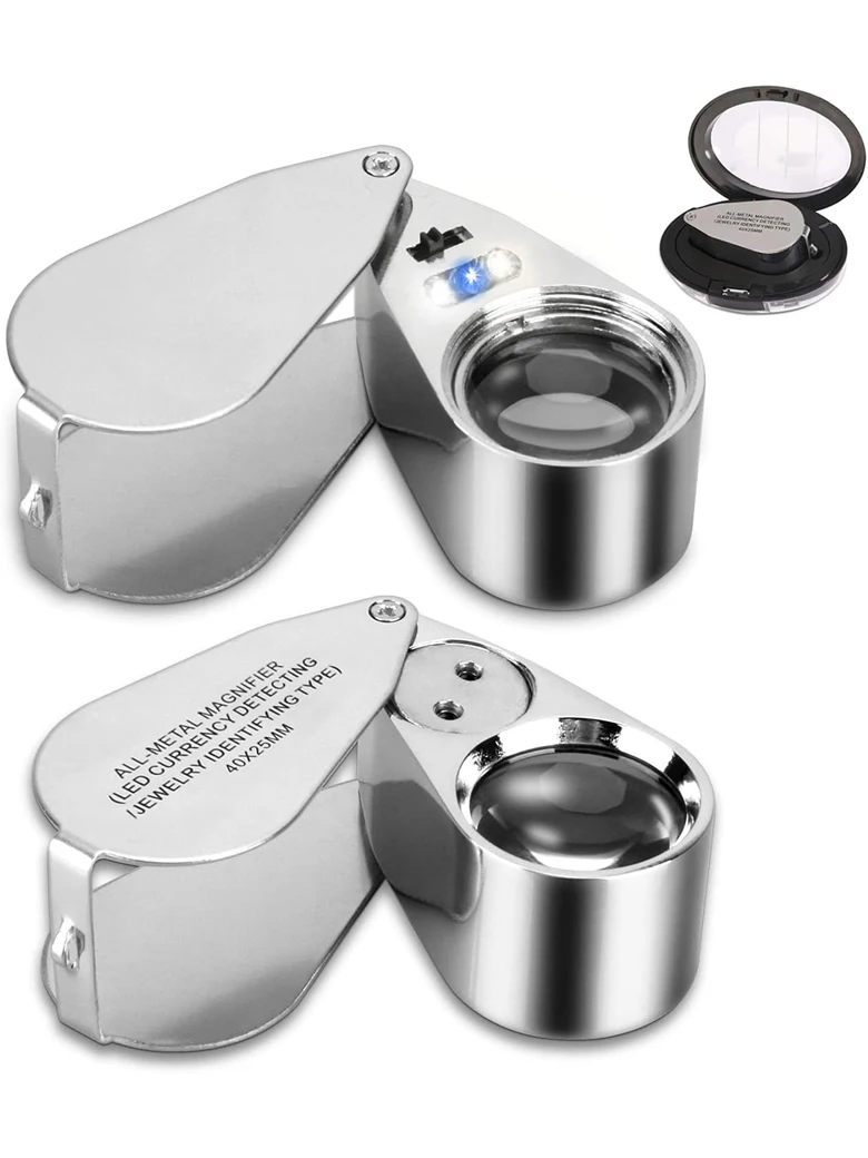 40-fache Juwelierlupe aus Metall mit LED/UV-Beleuchtung, faltbare Lupe zur Schmuckbewertung – Detail 10