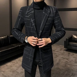 Gabardina larga de longitud media a rayas para hombre, abrigos de lana a la moda, Top informal, cortavientos Delgado, abrigo de estilo coreano juvenil