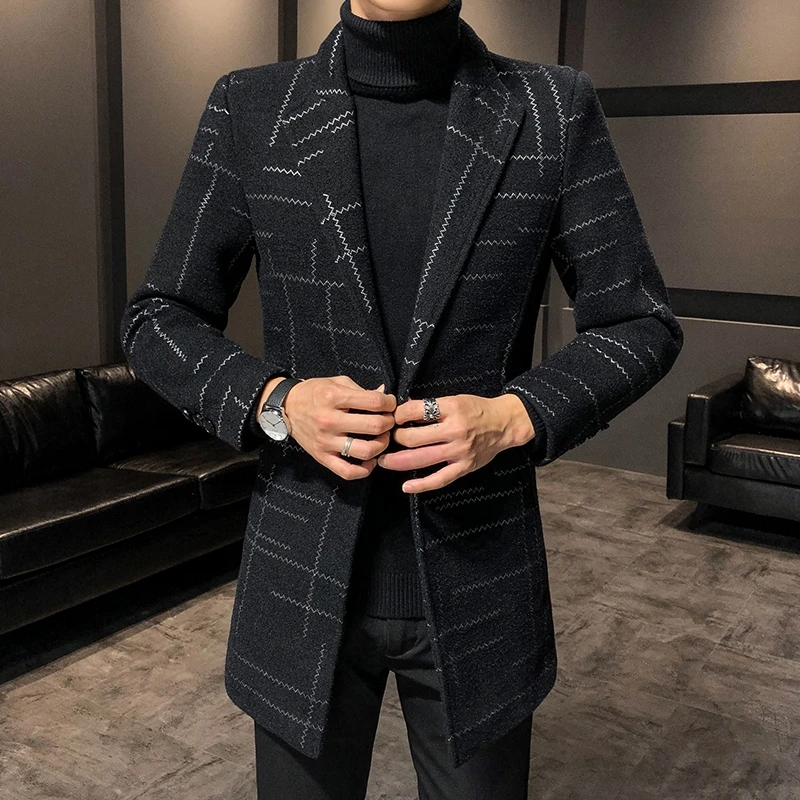 Moda wiosna jesień męskie wełniane płaszcze Casual Slim wiatrówka znosić średniej długości płaszcz w paski młodzieżowe kurtki w stylu koreańskim