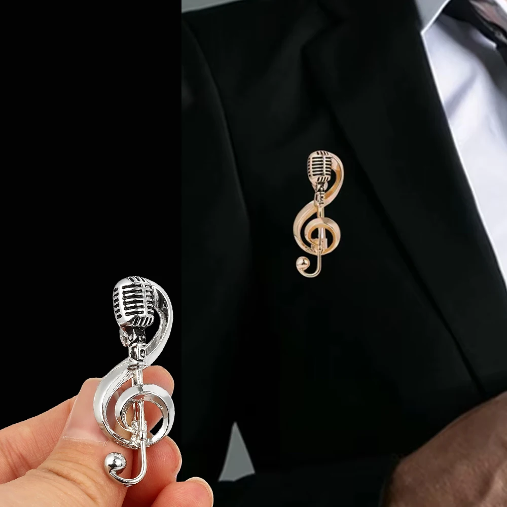 Music Note Brooch Retro Rock Hip Pop Microphone Shape Brooches Pin for Women Men Suit Hat Scarf Backpack Badge Party Accessories