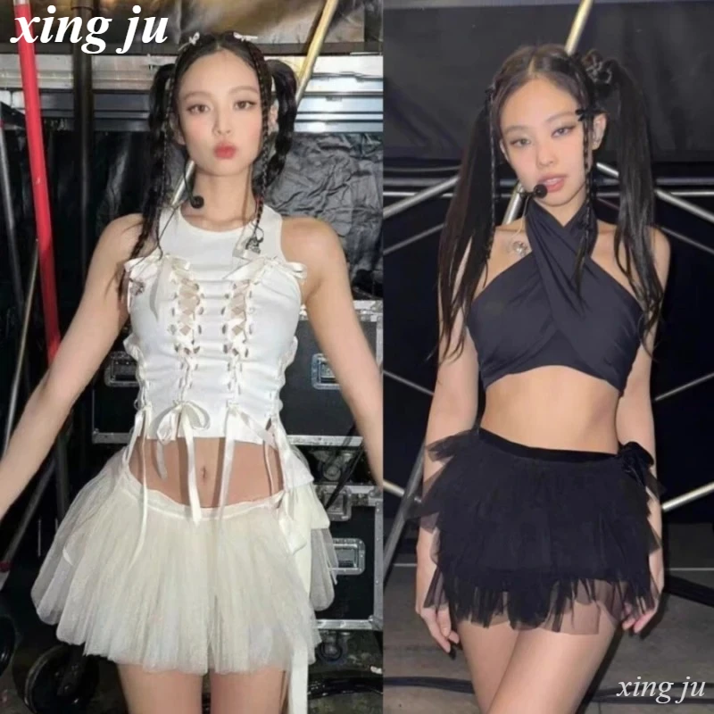 

Новый Kpop корейский дженни белый жилет на шнуровке Холтер перекрестные топы женские сексуальные сетчатые короткие юбки с пузырьками сценический костюм джазовые танцевальные наряды