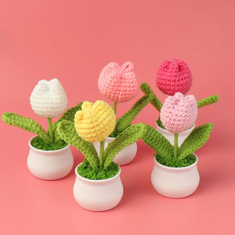 Creative Crochet Flower Potted Cute Handmade Tulip Flower Finished Kintted Plant Car Desktop Decor