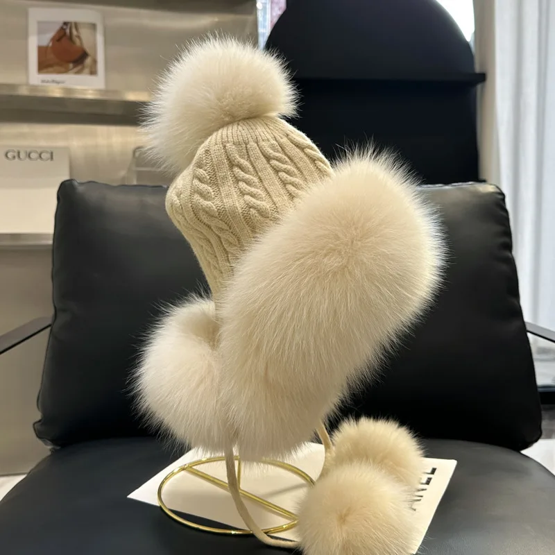 Real Fox Fur Hat Ear Protection Fur Hat For Women Winter Fluffy Genuine Fur Caps Outdoor Cold-proof Cap Luxury Knitted Fur Caps