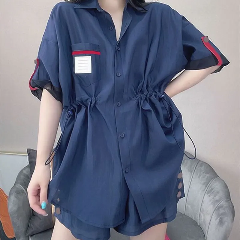 Stylish Streetwear Solid Color Matching Sets Women's Clothing Loose Single-breasted Summer Casual Pockets Shirring Short Sets