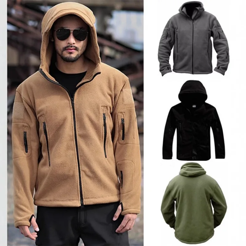 

Polar Fleece Hooded Multi-pocket Jacket Men Outdoor Warm Windproof Coat Autumn Winter Hiking Travel Climbing Jacket Men Clothing