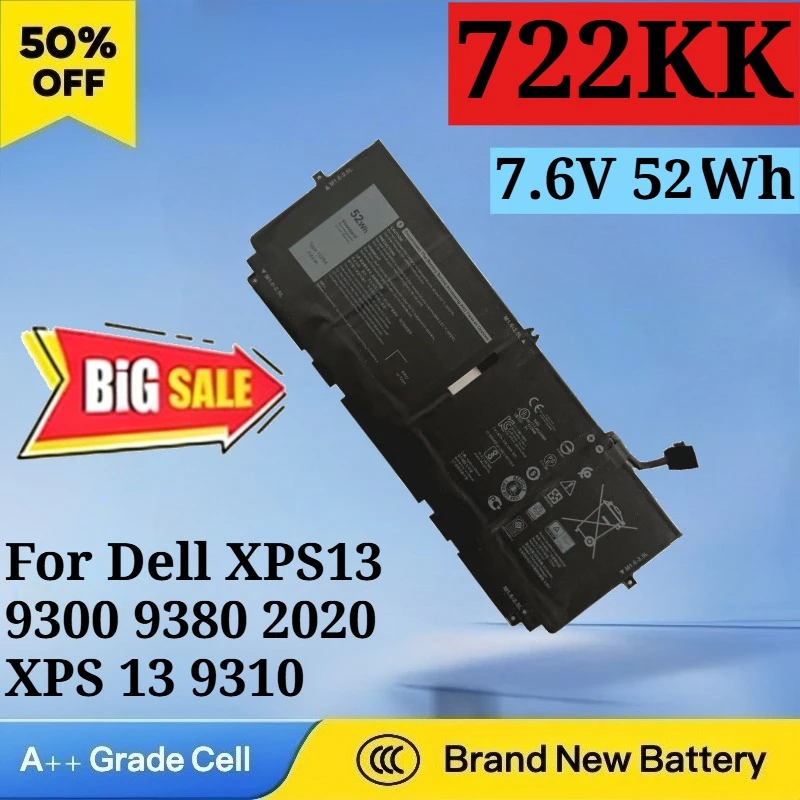 722KK 7.6V 52Wh Battery Replacement for Dell XPS13 9300 9380 2020 XPS 13 9310 2020 Series WN0N0 FP86V 2XXFW Replacement Battery