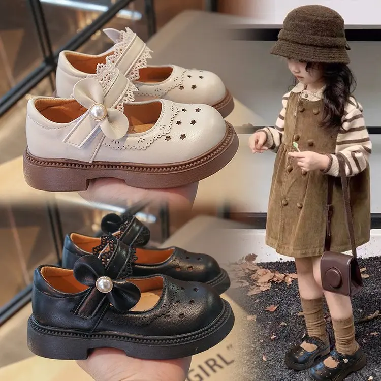 Girls Sweet Leather Shoes 2026 Spring Autumn Fashion Kids Mary Janes with Cut-outs Heart Princess Children Dress Shoes Soft Chic