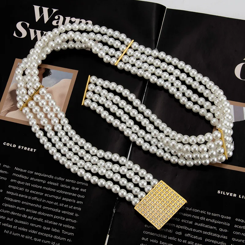 New pearl wide waist chain for women fashion sweet elastic elastic elastic metal rhinestones inlaid buckle chain for women cross