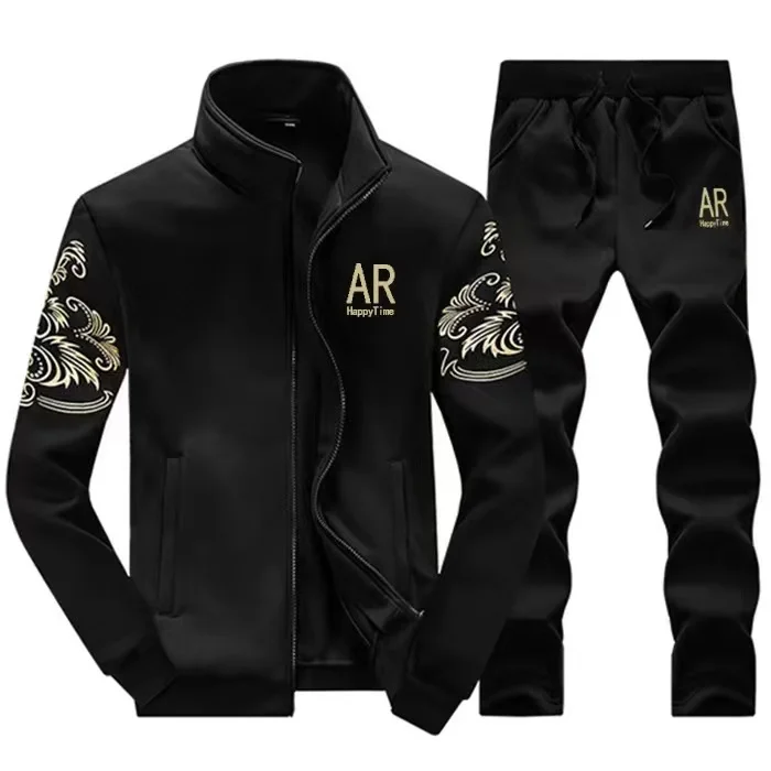 2026 New Men 2 Pieces Sport Tracksuit Golden Floral Print Stand Collar Zip‑Up Jacket Elastic Waist Pants Casual Jogging Suit Out