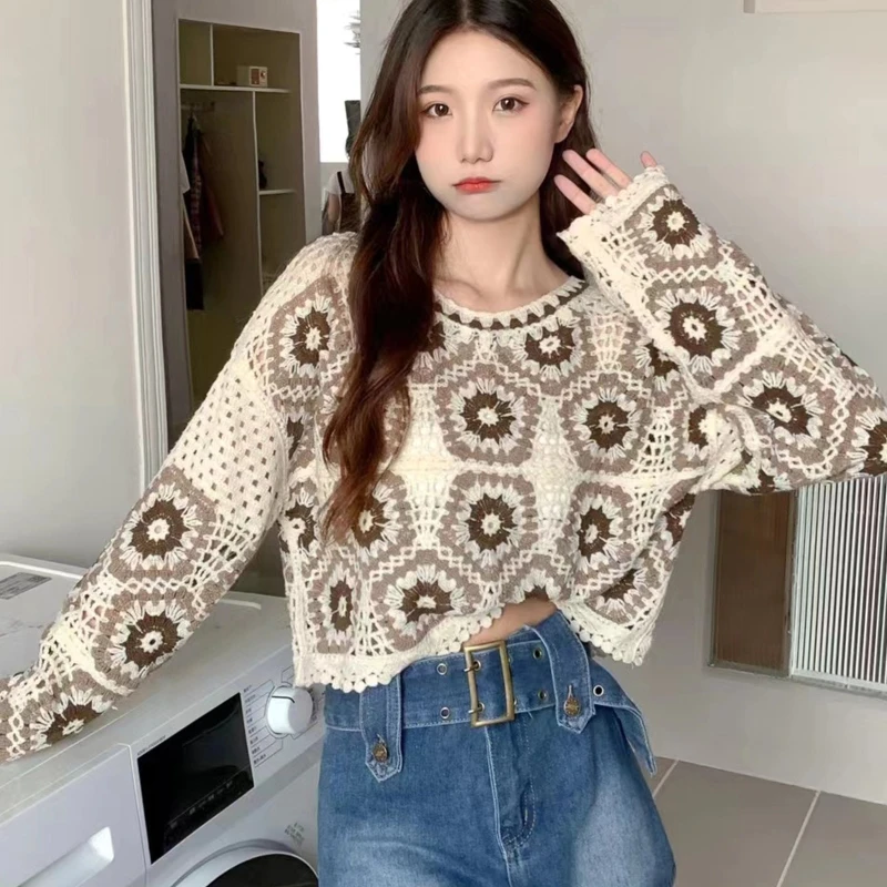 Womens Crewneck Long Sleeve Hollow Out Knit Sweater Solid Casual Loose Pullover Jumper Tops