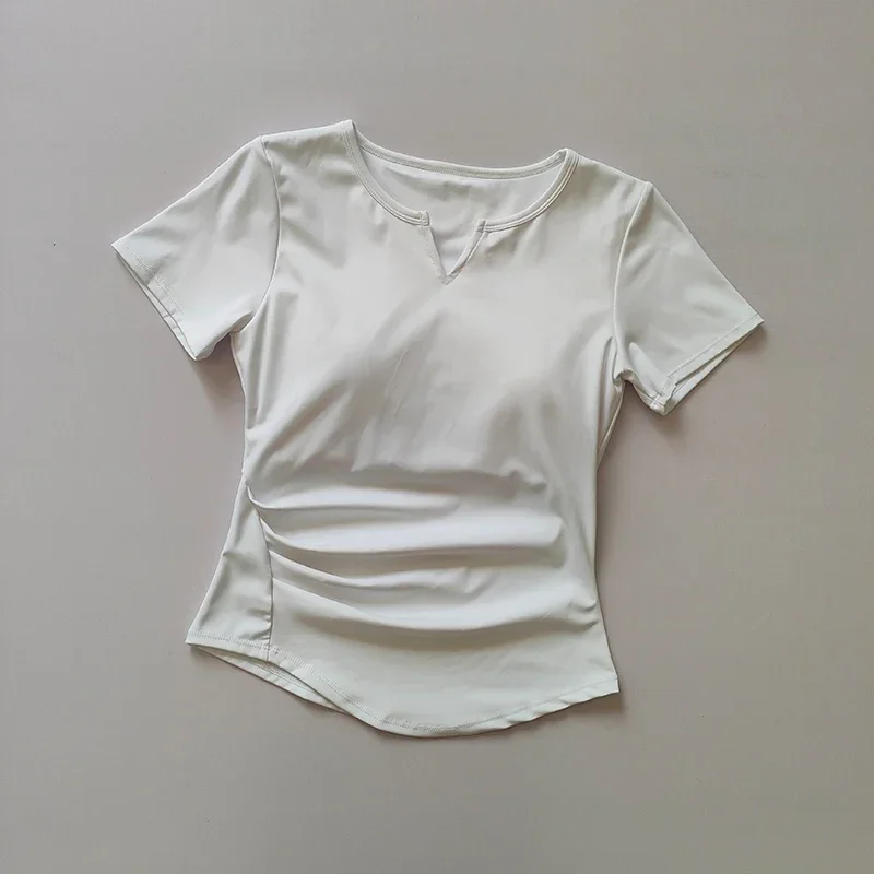 V 넥 넥타이 유방 패드 요가 정장 반팔 여성 체육관 여름 슬림 훈련 피트니스 탑 빠른 드라이 러닝 티셔츠 의류