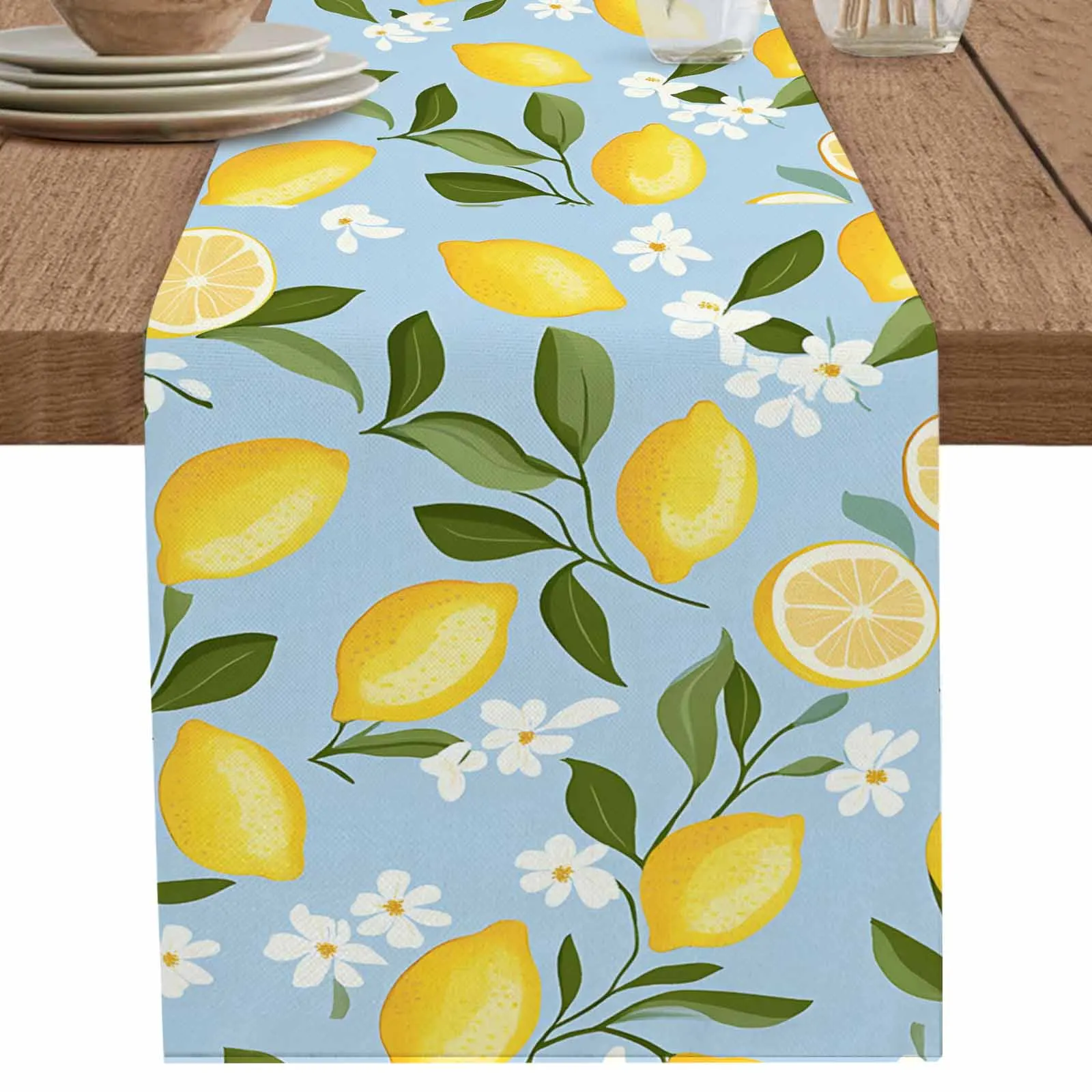 

Blue Background Lemon Flower Table Runner Cotton Linen Wedding Dinner Decor Table Flag Holiday Home Tea Table Decoration