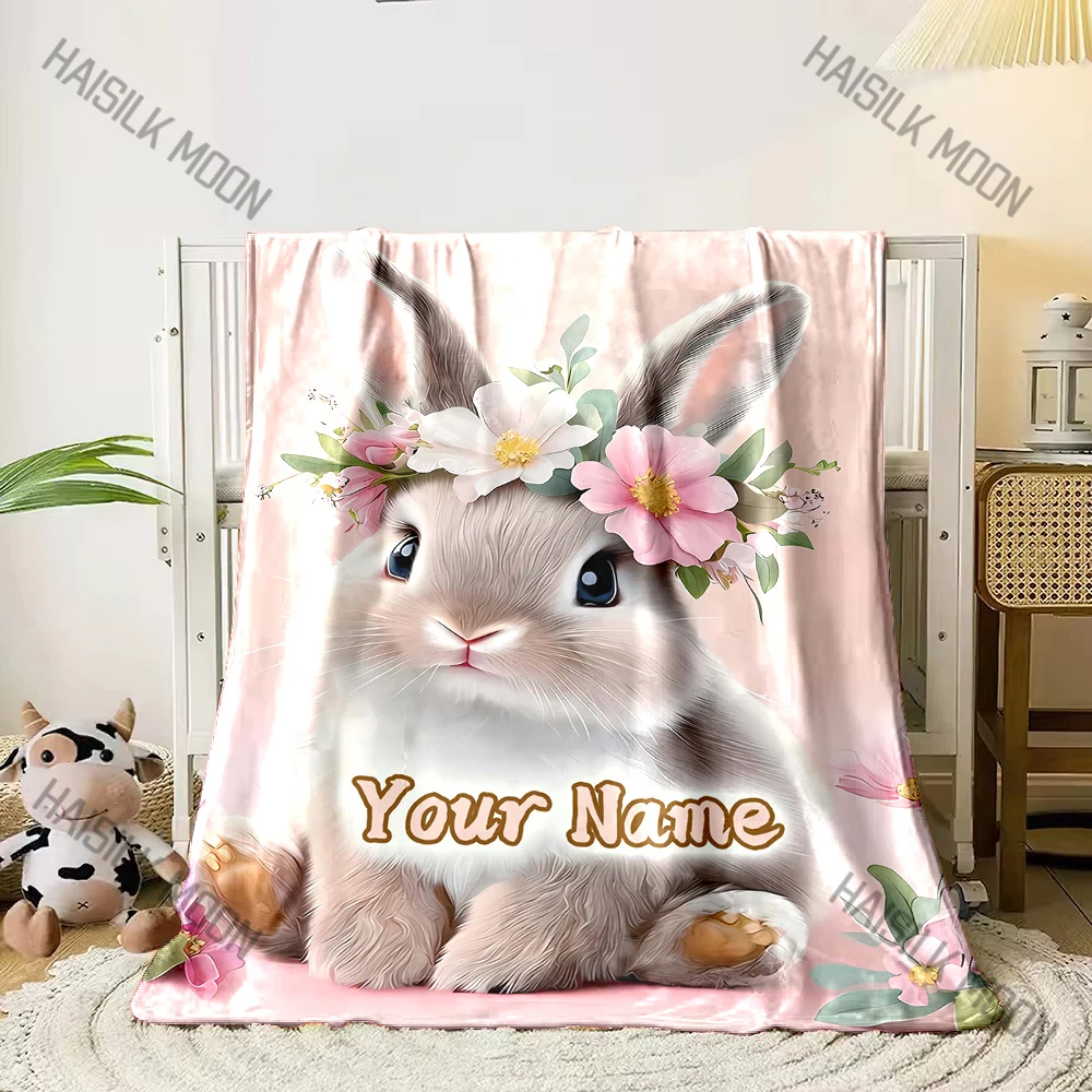 (Memo U Name) Customized Name Personalized Blanket Cute Cartoon Rabbit Print Warm Comfortable Blanket for Adults Kids Gifts