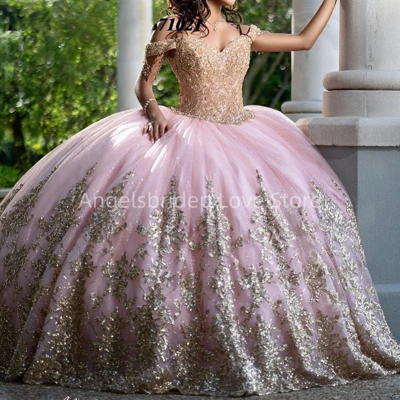 Angelsbridep 2025 Princess Pink Ball Gown Quinceanera Dresses With Rose Gold Appliques Off Shoulder Party Dress Robes De Soirée