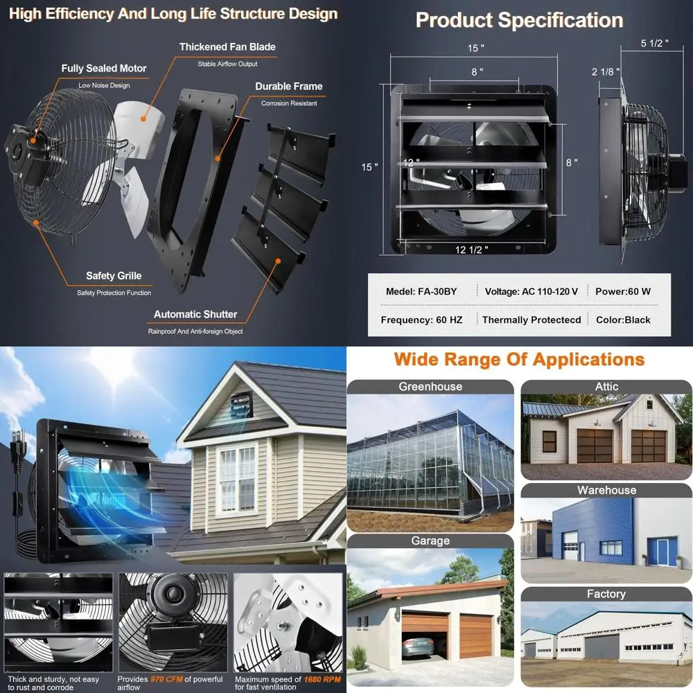

12 Wall-Mounted Exhaust Fan with 1.8m Power Cord, 60Hz, 60W, Copper Motor, Low Noise, Automatic Shutter for Attics, Greenhouses,