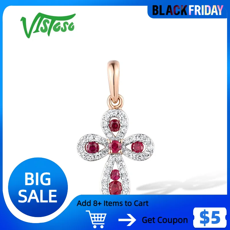 VISTOSO Genuine 14K 585 Rose Gold Pendant For Lady Sparkling Diamond Ruby Stunning Cross Delicate Wedding Gifts Fine Jewelry