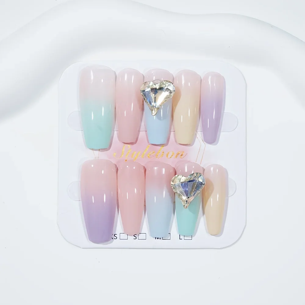 

10pcs Handmade Press-On Nails French Gradient Diamond Heart Full Coverage Nail Art Set Removable Fake Nails for Party Wedding