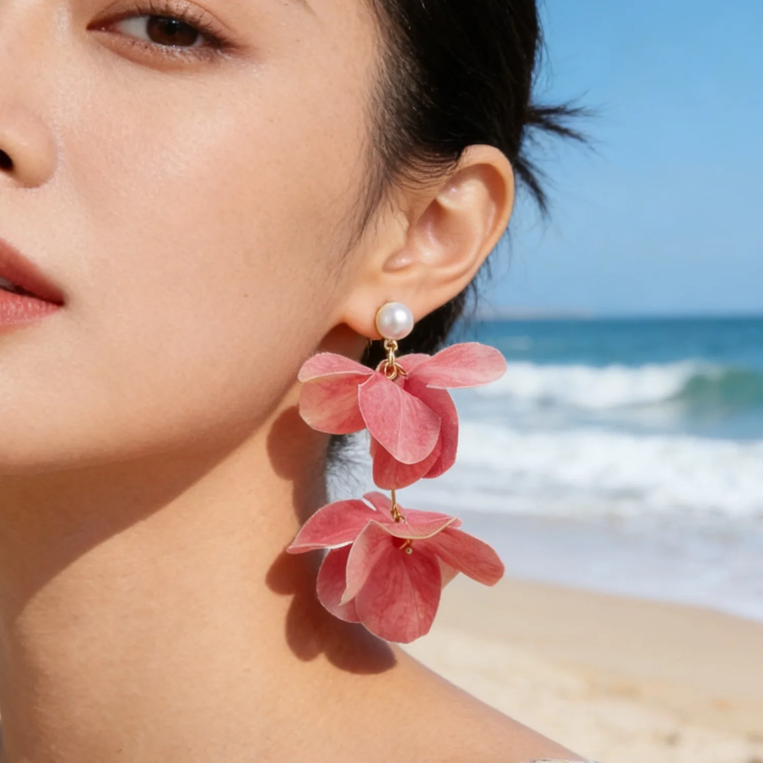 Seaside super fairy pearl simulation flower fringed stud earrings female photo out unique beautiful earrings holiday style