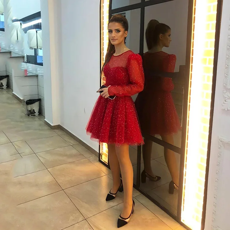 SoDigne Sparkly Red Prom Dresses Long Sleeves A-Line Short Evening Dresses Sequined Tulle Above Formal Party Dresses