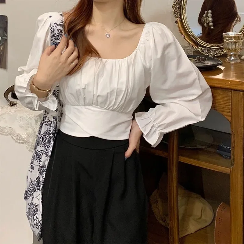 Blouses Women Cropped Spring Casual Ulzzang Solid All-match Daily Simple Square Collar Shirts College Trendy Lace-up Slim Ladies