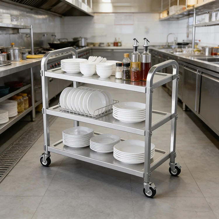Factory Wholesale Price SS201 Kitchen Stainless Steel Dining Trolley 2 Tier Hotel Dining Cart Serving Cart For Kitchen Transfer