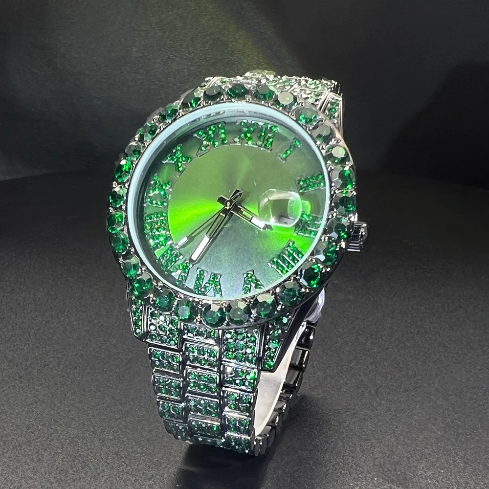 Men\'s Watch Ice-out Green Diamond Luxury High Quality Calendar Waterproof Quartz Watches Round Face Stainless Steel Wristwatch