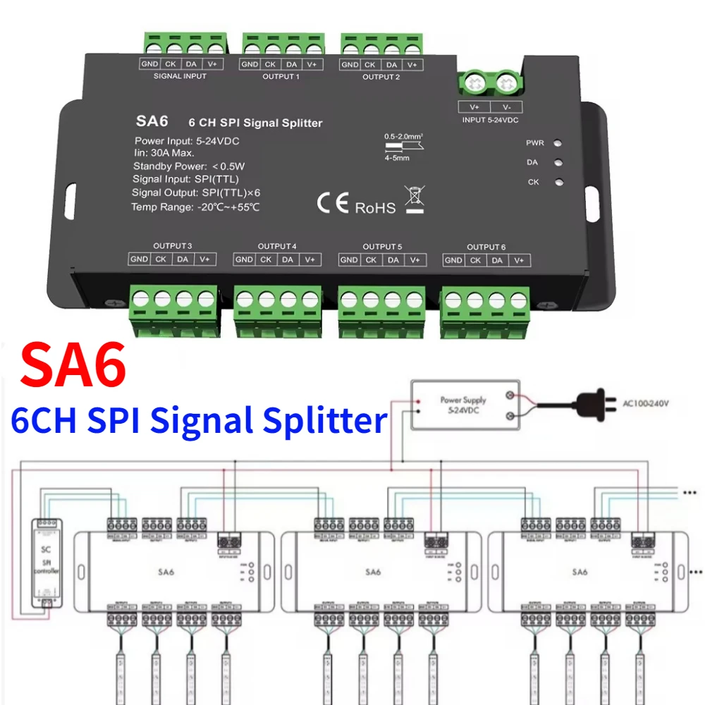 NEW SA6 6 Way SPI Signal Splitter 6CH TLL Amplifier Repeater For WS2811 WS2812 2813 2815 RGB RGBW Addressable LED Strip 5-24VDC