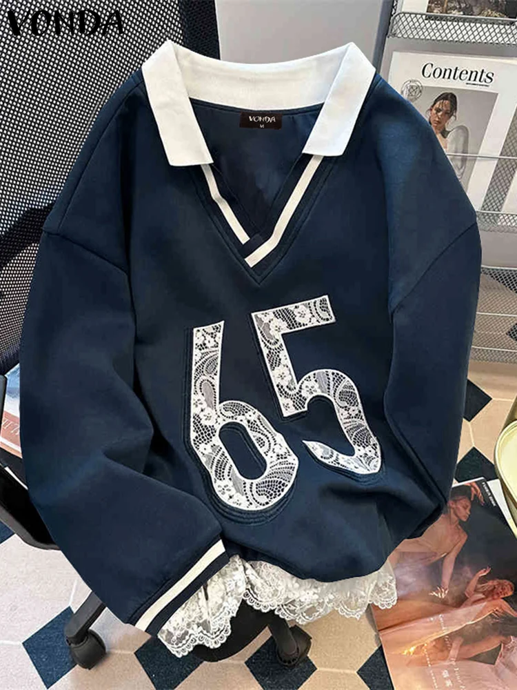 

VONDA Casual Women Sweatshirts Lace Patchork Hoodie Long Sleeve Blouse 2025 Streetwear V-Neck Pullovers Oversized