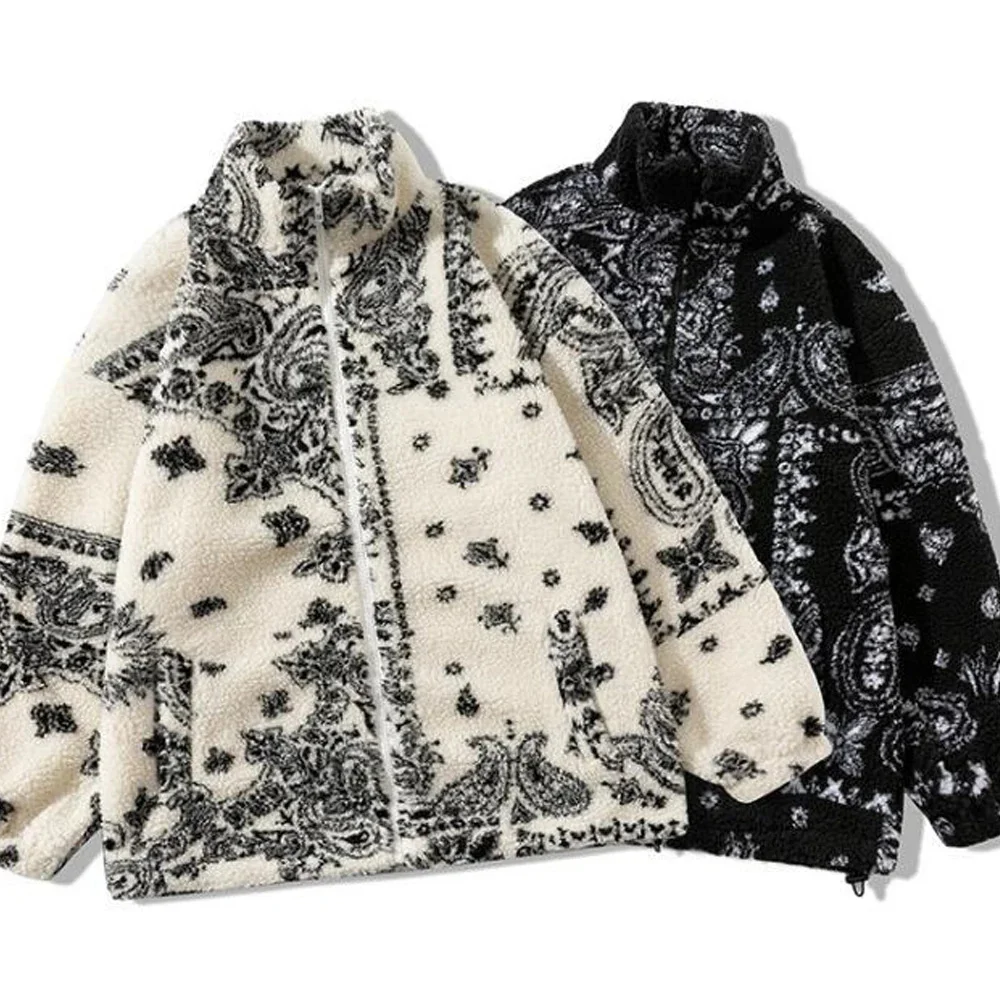 

Paisley Polar Fleece Jacket Men Zipper Fuzzy Cardigan Casual Bandanna Jackets Loose Lamb Cashmere Women Harajuku Winter Coat Y2k