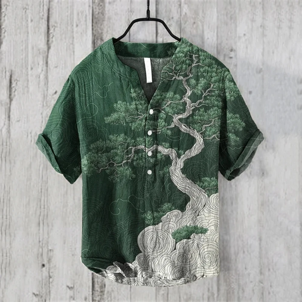 Men's Linen Blended Short Sleeve Top Fashion Loose Shirt Comfortable Breathable V-Neck Men's Clothing
