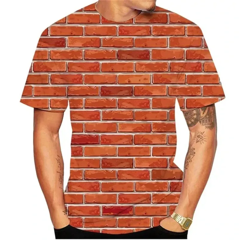 تي شيرت رجالي ثلاثي الأبعاد بجدران الطوب ، قمم بأكمام قصيرة ، شخصية غير رسمية ، تيشيرتات رسومات أصلية مطبوعة ، موضة صيفية ، اتجاه جديد