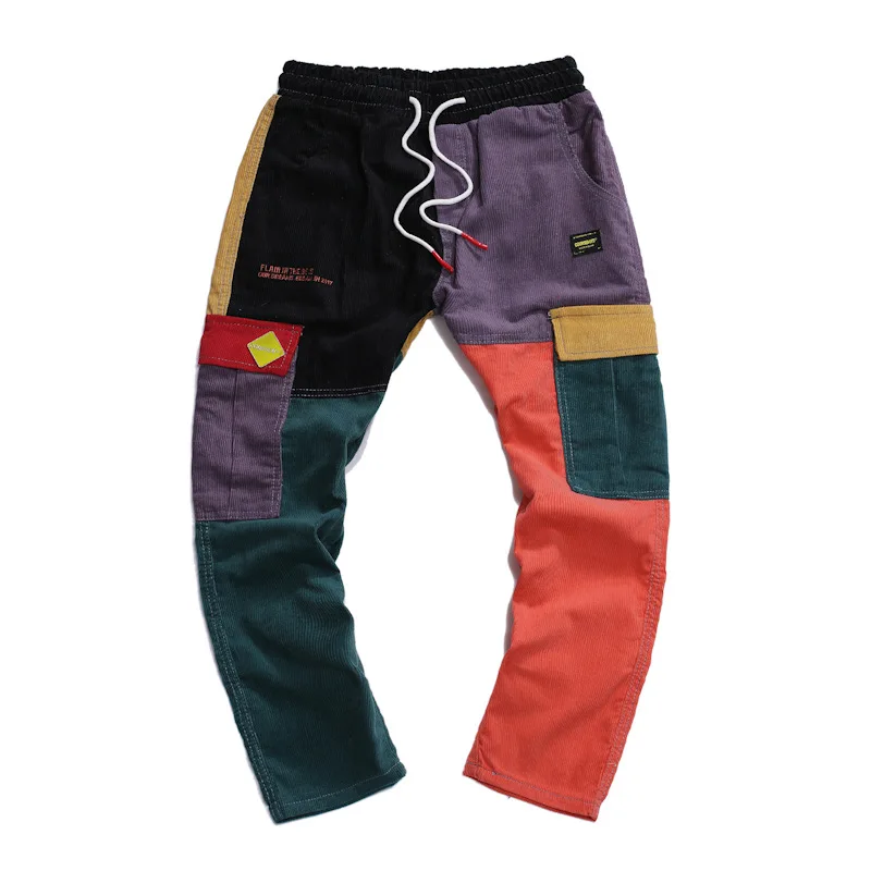 Men's Corduroy Casual Pants Women New Fashion Elastic Waist Patchwork Trousers Streetwear Hip Hop Trend Sweatpants