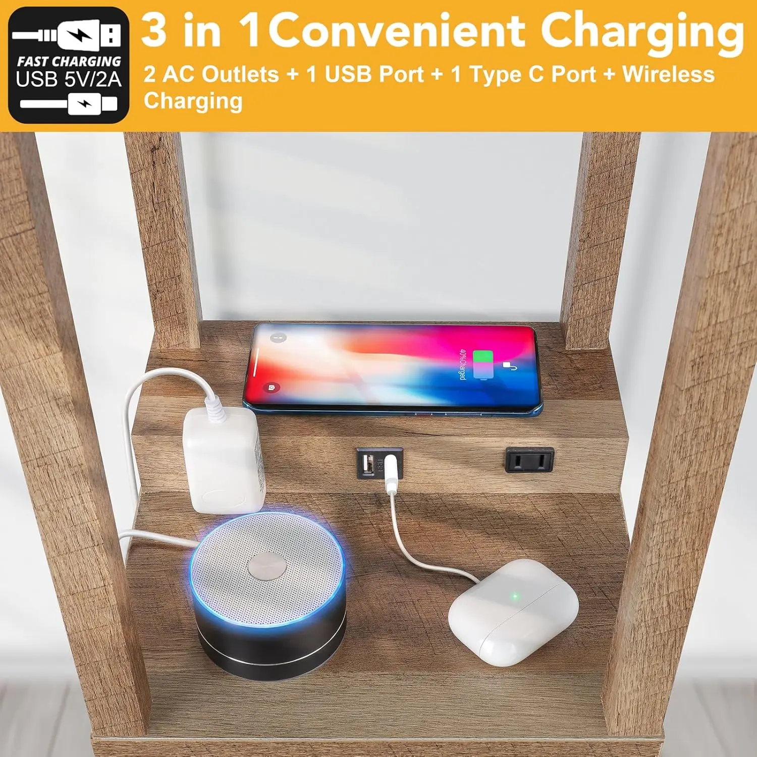 Wireless Charger & Fast Charging USB Ports & Type C Port & 2 Power Outlets,3 Tier Storage Lamp for Bedroom(Wood)