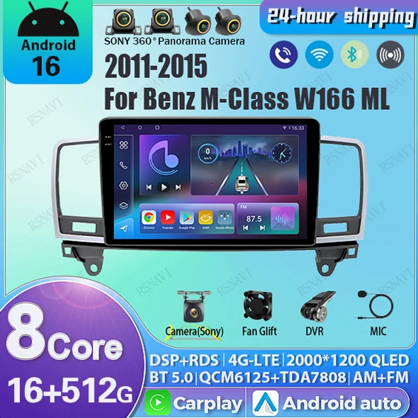 Android 16 Autoradio für Mercedes Benz M-Klasse W166 ML2011 - 2015 Multimedia 2K Bildschirm Drahtloser Videoplayer Stereo CarPlay Auto