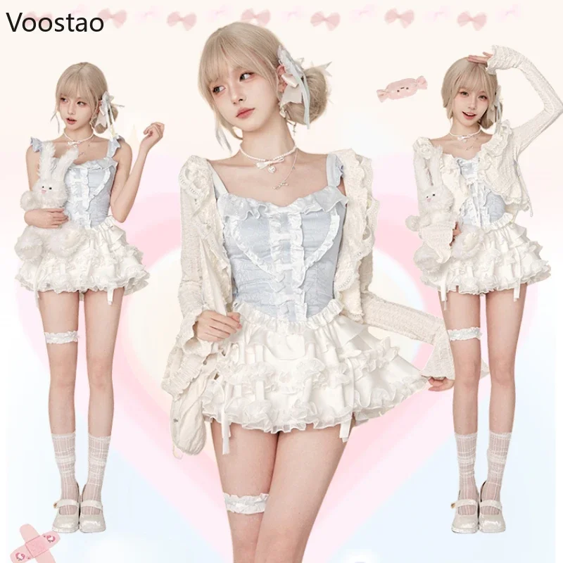 

2025 Sweet Lolita Style 3 Piece Set Women Kawaii Casual Short Cardigan Slim Lace Camisole Vest Y2k Mini Skirt Korean Y2k Suit