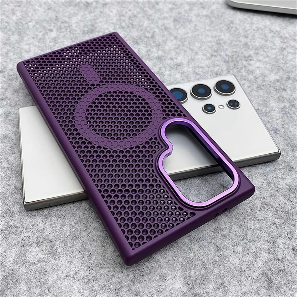 Griglia a nido d'ape Mesh di raffreddamento per custodia Magsafe per Samsung Galaxy S25 Ultra S24 S23 Plus Cover rigida con lente in lega mangetica smerigliata