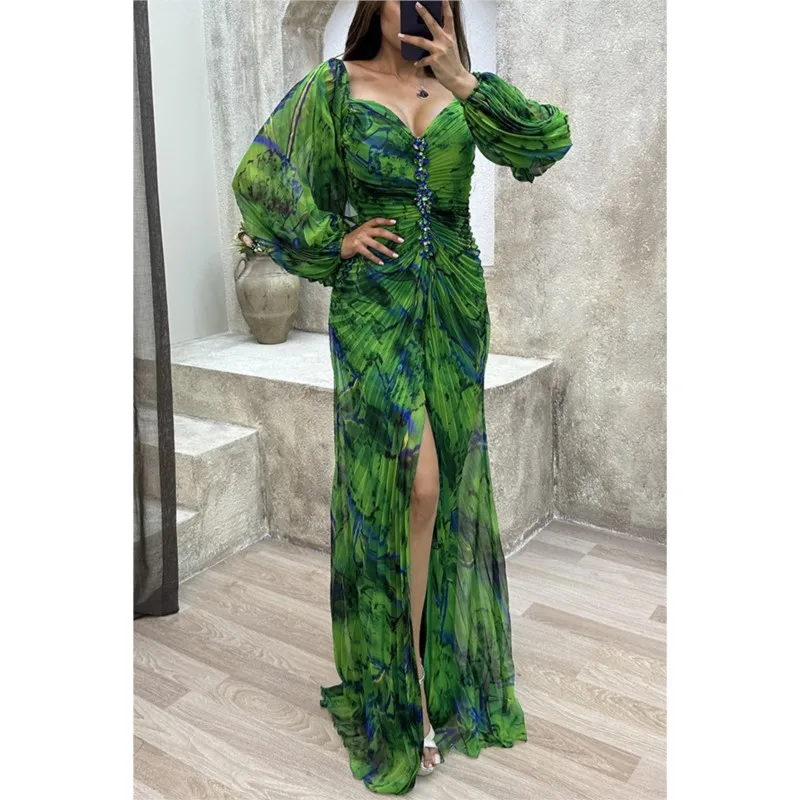 Gaun Maxi motif bunga wanita, gaun pesta belahan pinggang leher V dalam seksi bahu terbuka berlian imitasi elegan lengan panjang lentera untuk wanita