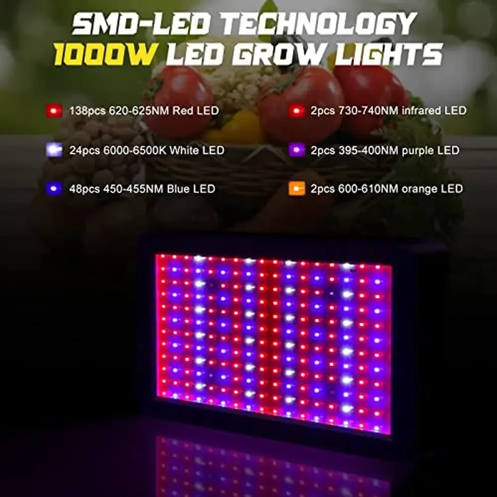 2 حزمة 1000 واط LED تنمو أضواء النباتات الداخلية الطيف الكامل كفاءة نمو النبات مصابيح مع 3 طرق سلسلة ديزي والرطوبة