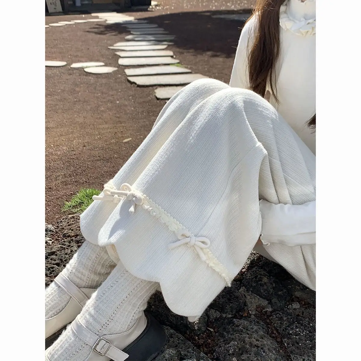 

Японские брюки-палаццо с кружевом для женщин на осень и зиму, утепленные вельветом и утолщенным вельветом, милые мягкие прямые брюки