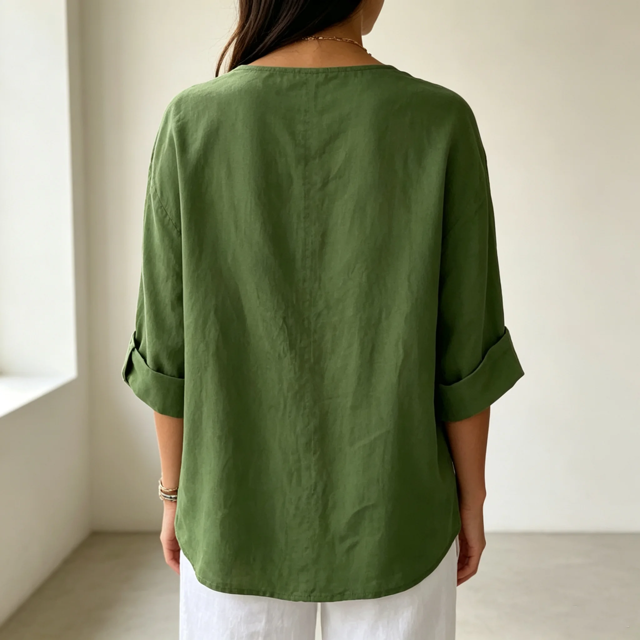 Women's Loose-Fitting Off-Shoulder Top with Small V-Neck, Three-Quarter Sleeves, Rolled Edges, New Style, Large Button Decoration, Simple and Versatile Shirt