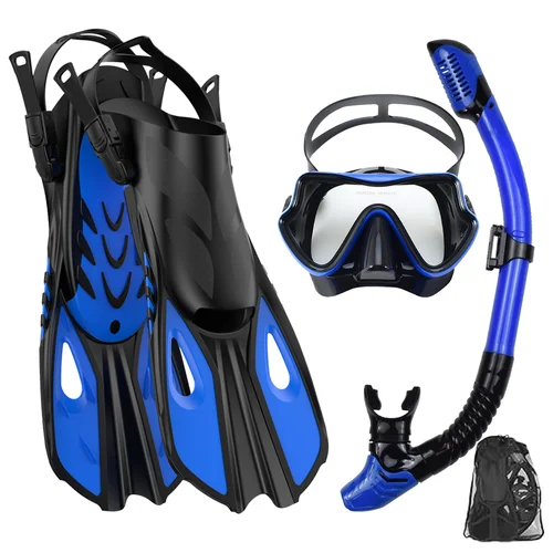 Máscara Fin Snorkel Set Equipo de snorkel para adultos Vista panorámica Máscara de snorkel Aleta de buceo ajustable Snorkel superior seco y bolsa de viaje