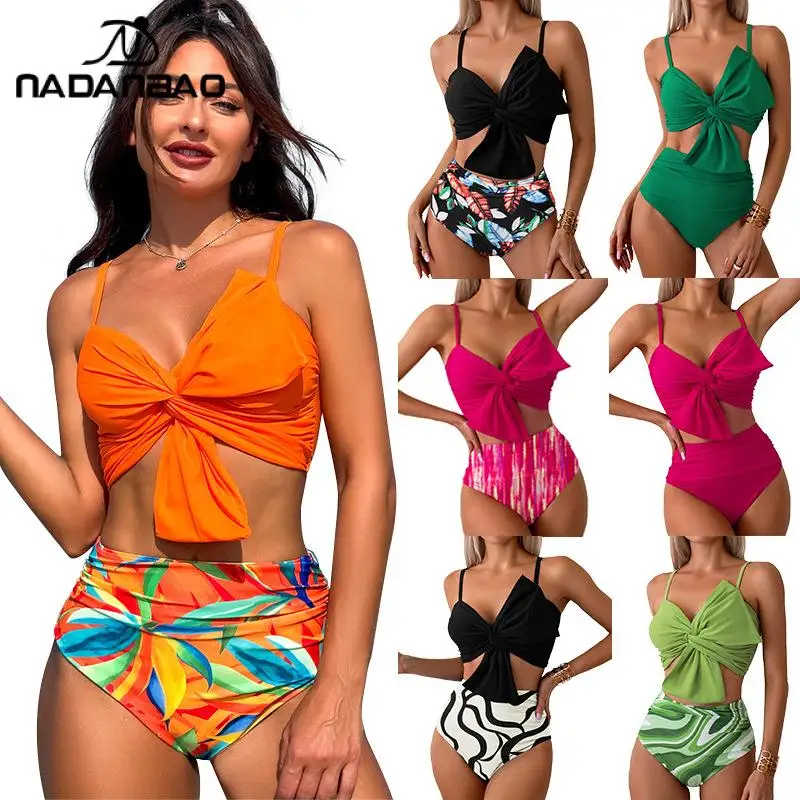 

Nadanbao Fashion Swimsuit Woman Swimwear High Waist Two-Piece Bikini Summer Bathing Suit Sexy Backless Beach Party Bodysuit