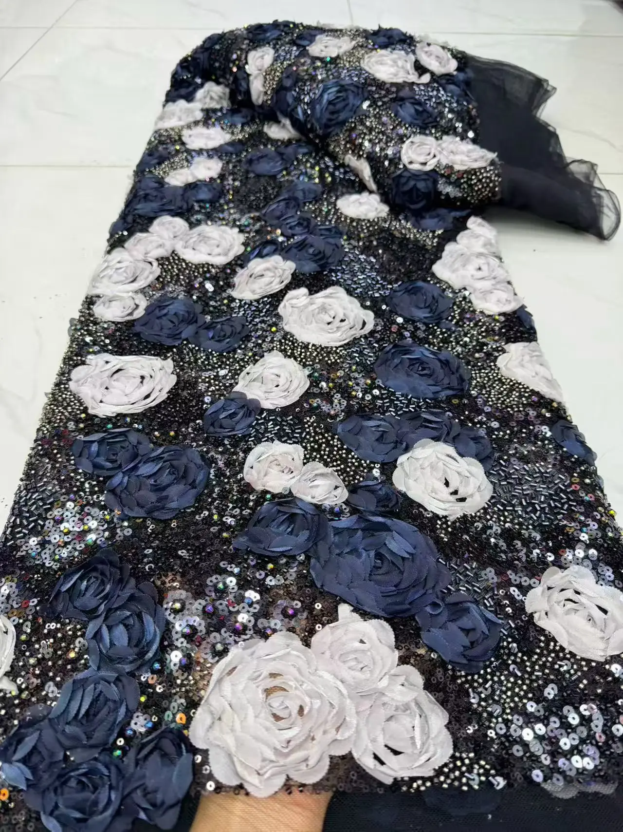 2027 African Nigerian High-Quality Tulle Lace Fabric with Beads Stone Embroidery Sequins for Prom Dresses Sewing 5Yard DP0560