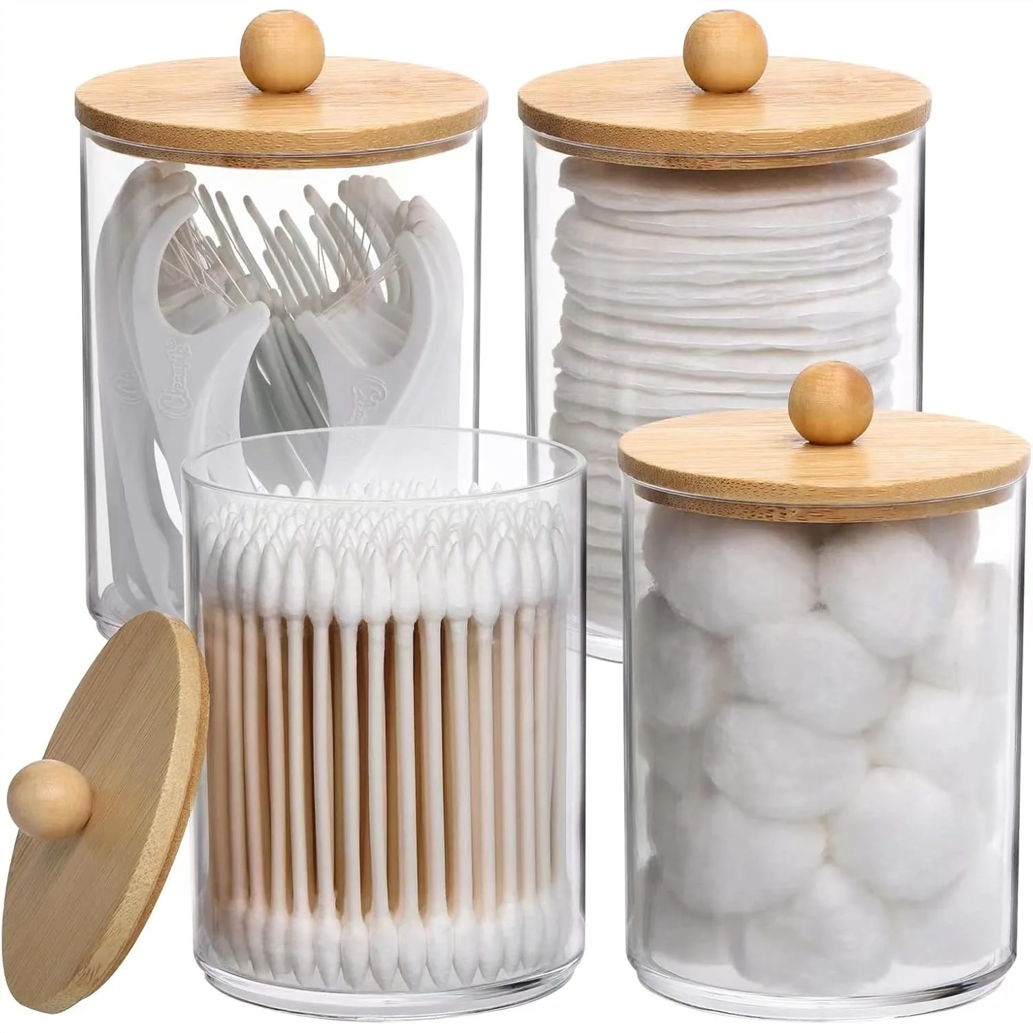 

4 Pack Qtip Holder Apothecary Jars, 10-Ounce Clear Plastic Bathroom Organizer with Bamboo Lids for Cotton Balls, Swabs, Floss